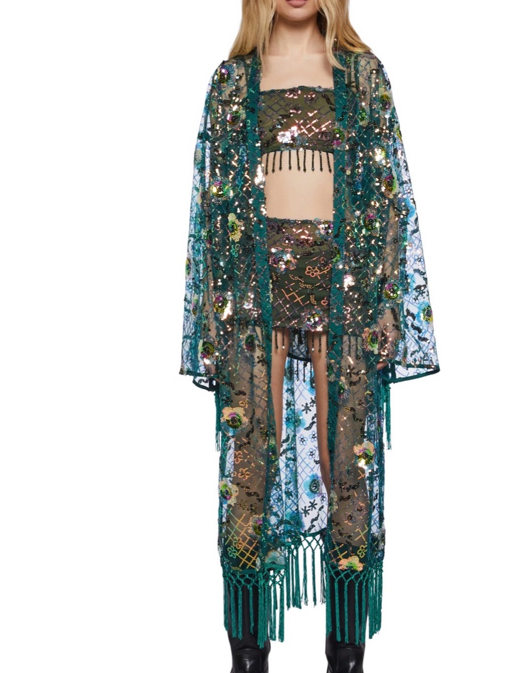Green Embroidered Sheer Fringe Kimono Coat - Women